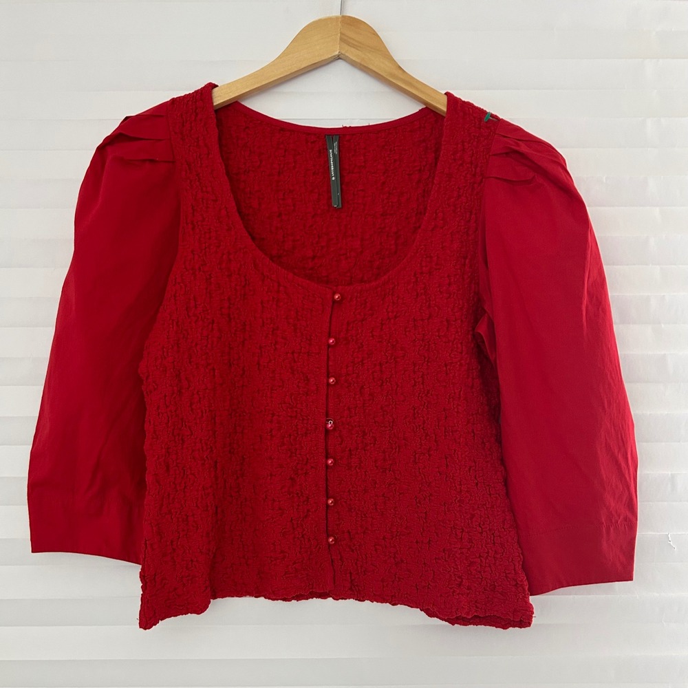 Anthropologie Red Textured Popcorn Knit Puff Sleeve Button Front‎ Smocked Top L